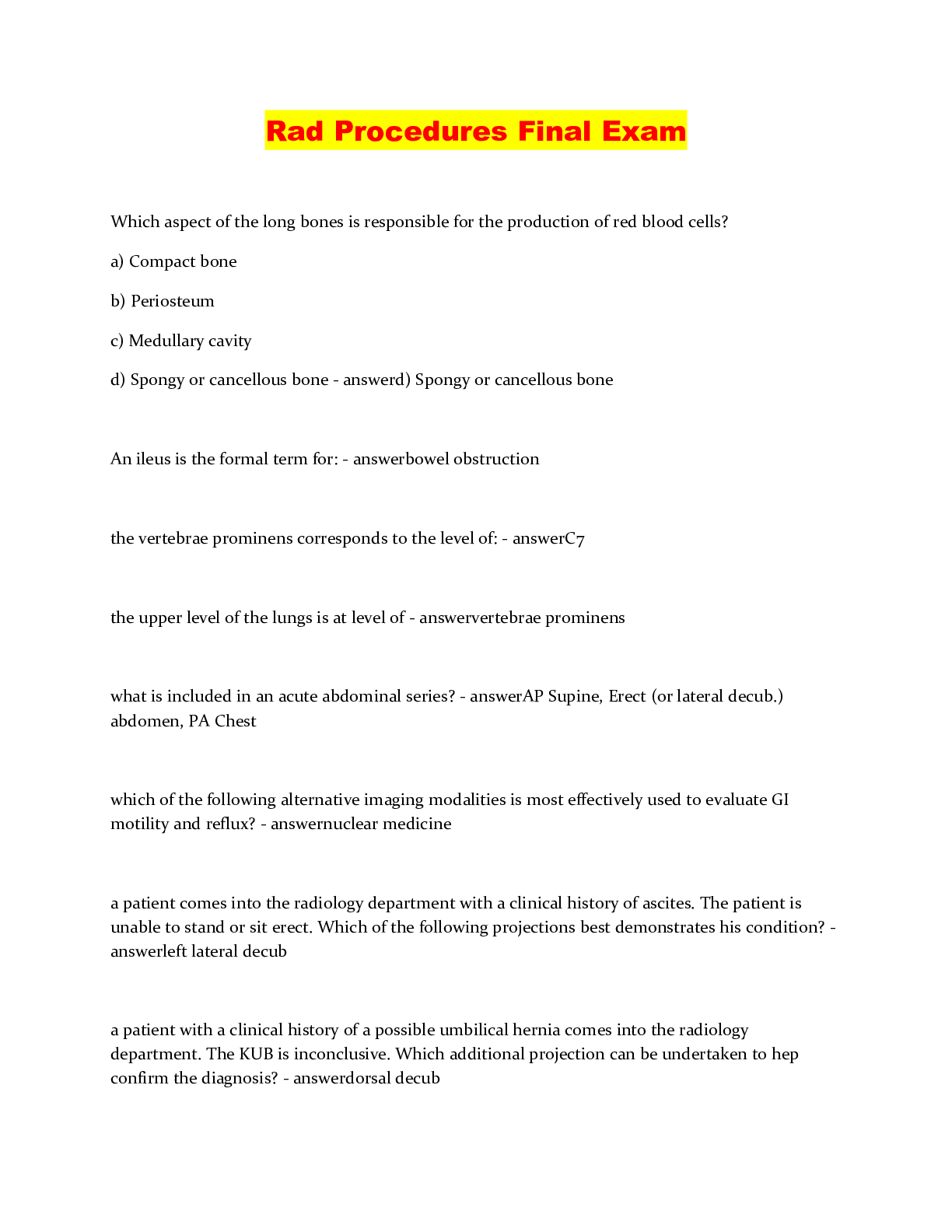 Preview image of Rad Procedures Final Exam document